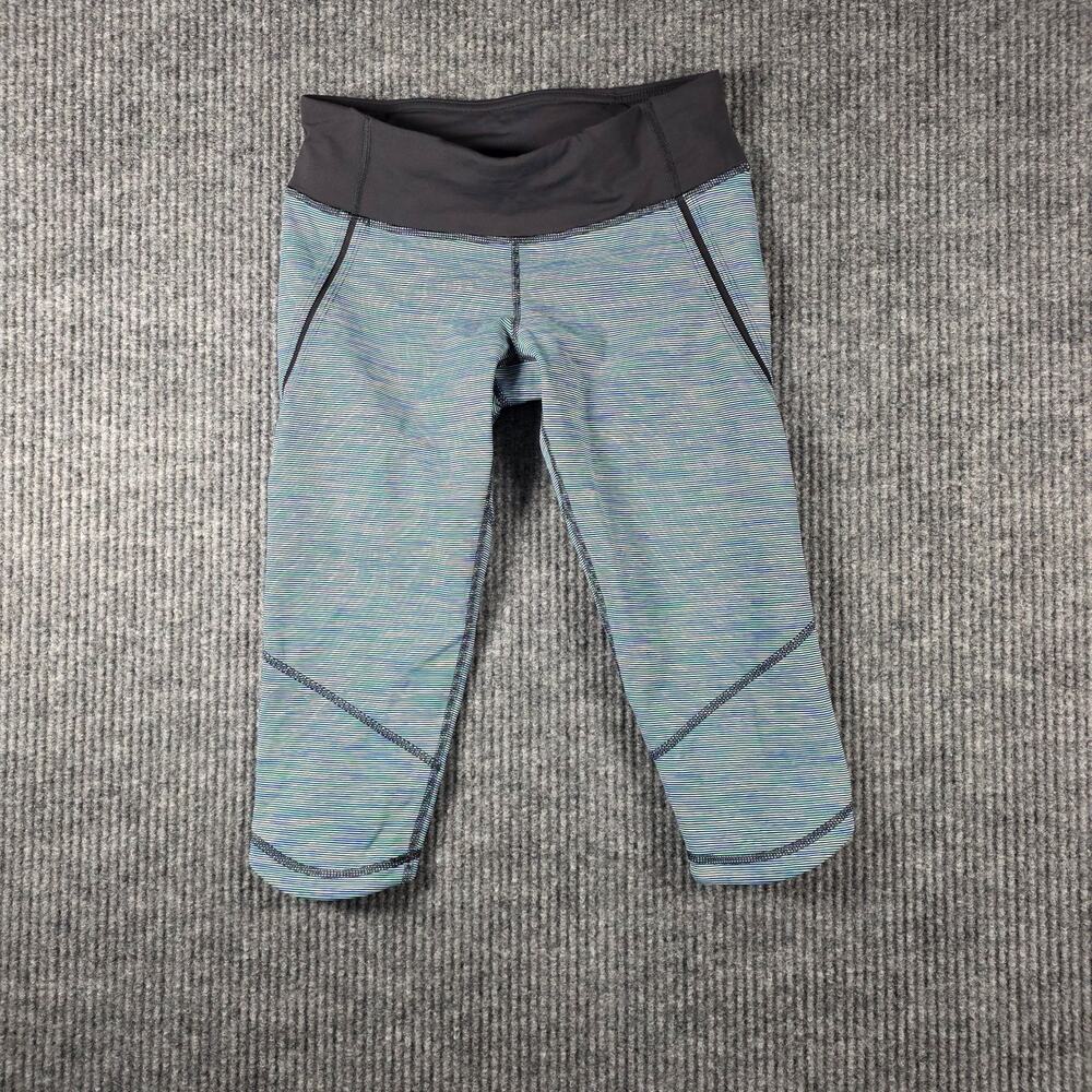 Lululemon Run Crop Leggings Striped Blue Green Zip Pocket Womens 4
